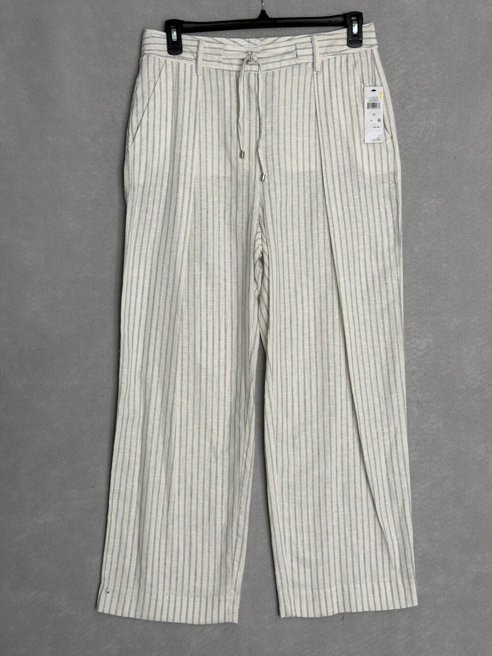 DKNY Stripe Drawstring Pants Linen Blend in White/Admiral Women's Size 10 NEW